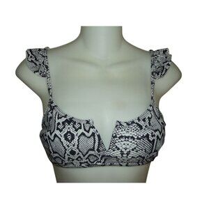 Kendall + Kylie Bikini Top Womens Medium Snake Print Black White v-neck ruffle
